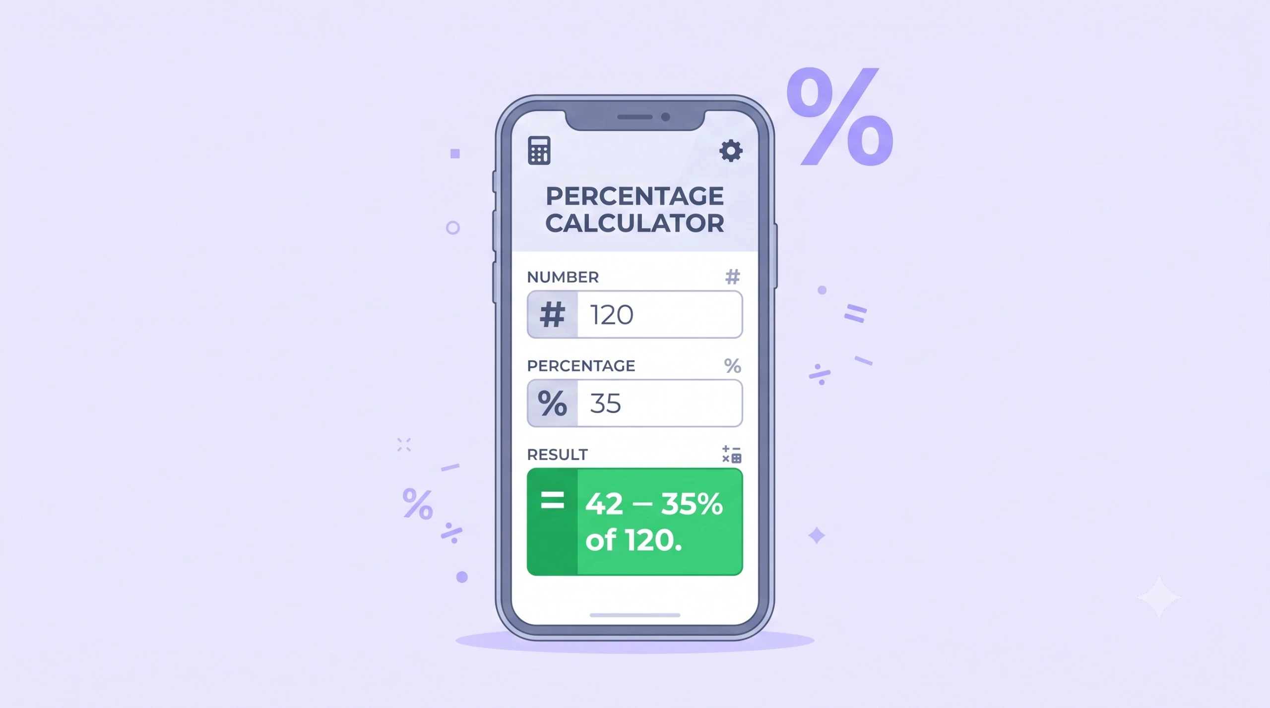 Free online percentage calculator showing the result of 35% of 120 equals 42 on a clean mobile interface