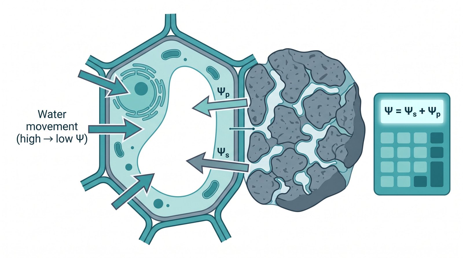 Water potential calculator diagram showing osmotic potential and pressure potential components driving water movement into a plant cell