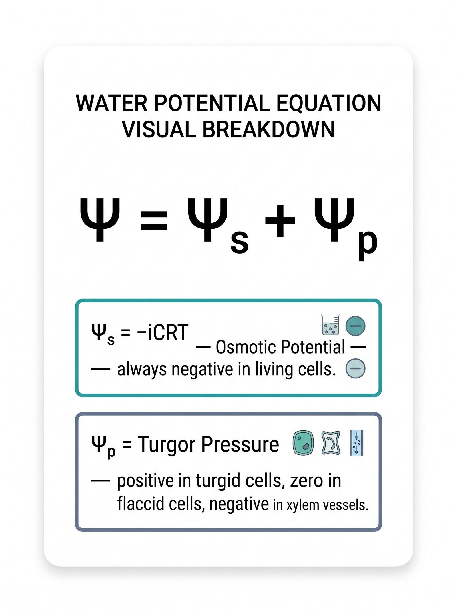 Water potential equation diagram showing Psi equals osmotic potential plus pressure potential with component definitions