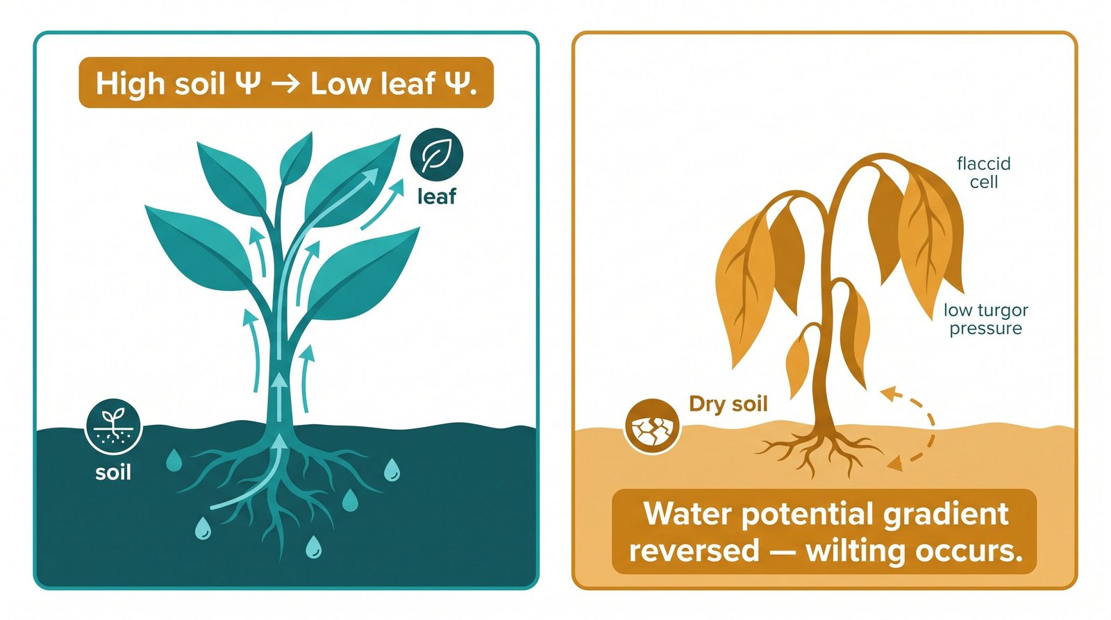 Illustration comparing water potential gradient in healthy plant versus wilted plant under drought stress conditions